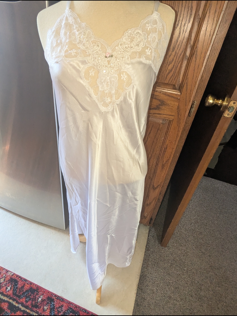 Silky White Lace-Trim Night Chemise with V-Neck